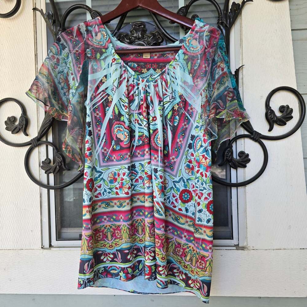 Y2K Multicolor Geometric Floral Flutter Sleeve Tunic Top Romance Cozy Women's M